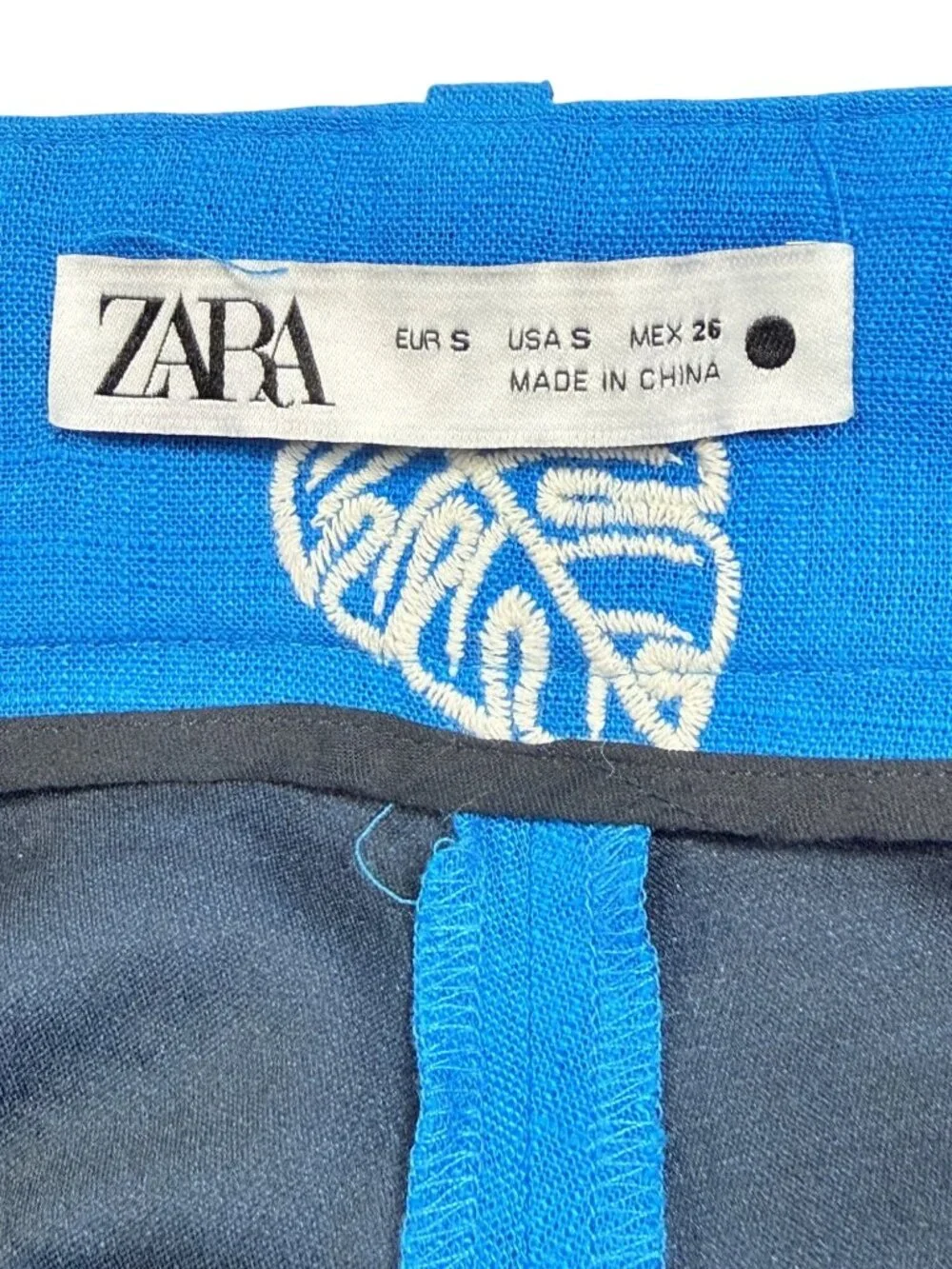 Zara Blue Wide-Leg Cropped Pants w/Embroidery High-Waist Size Small with Belt